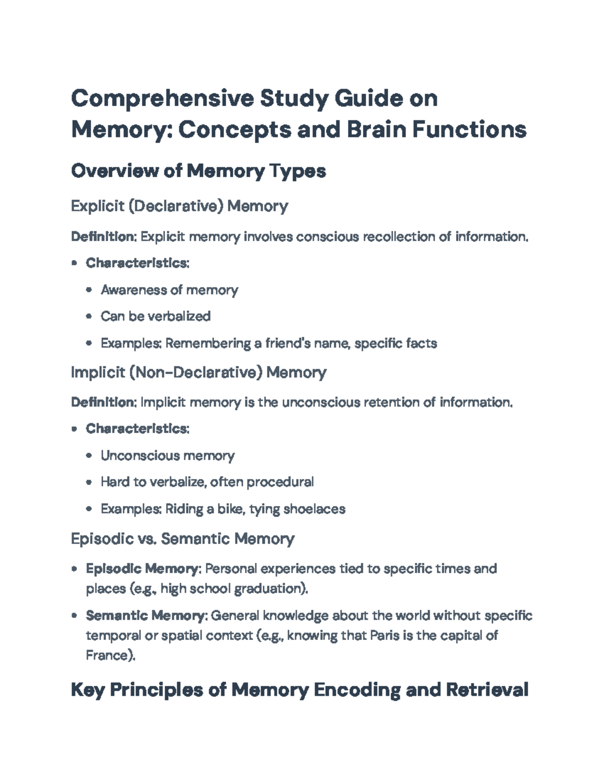 Comprehensive Study Guide on Memory Concepts and Brain Functions ...