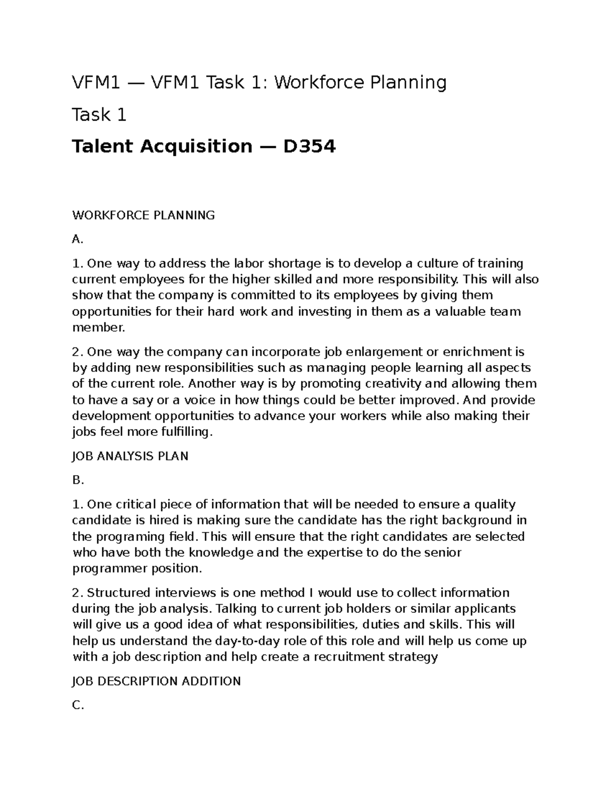 D354 VFM1 Task 1: Workforce Planning & Talent Acquisition Insights ...