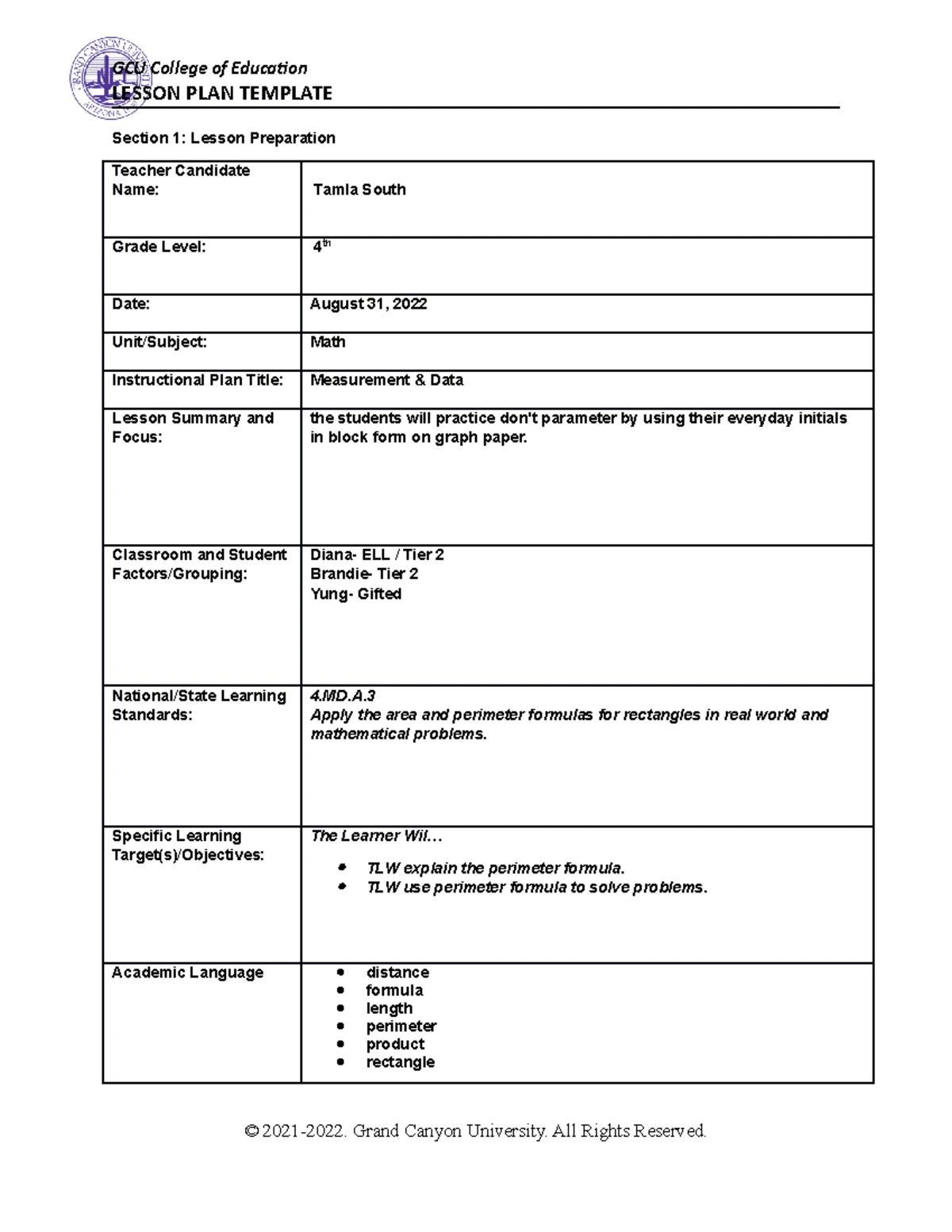 SPD-570-O501: Operations and Algebraic Lesson Plan for 4th Grade - Studocu