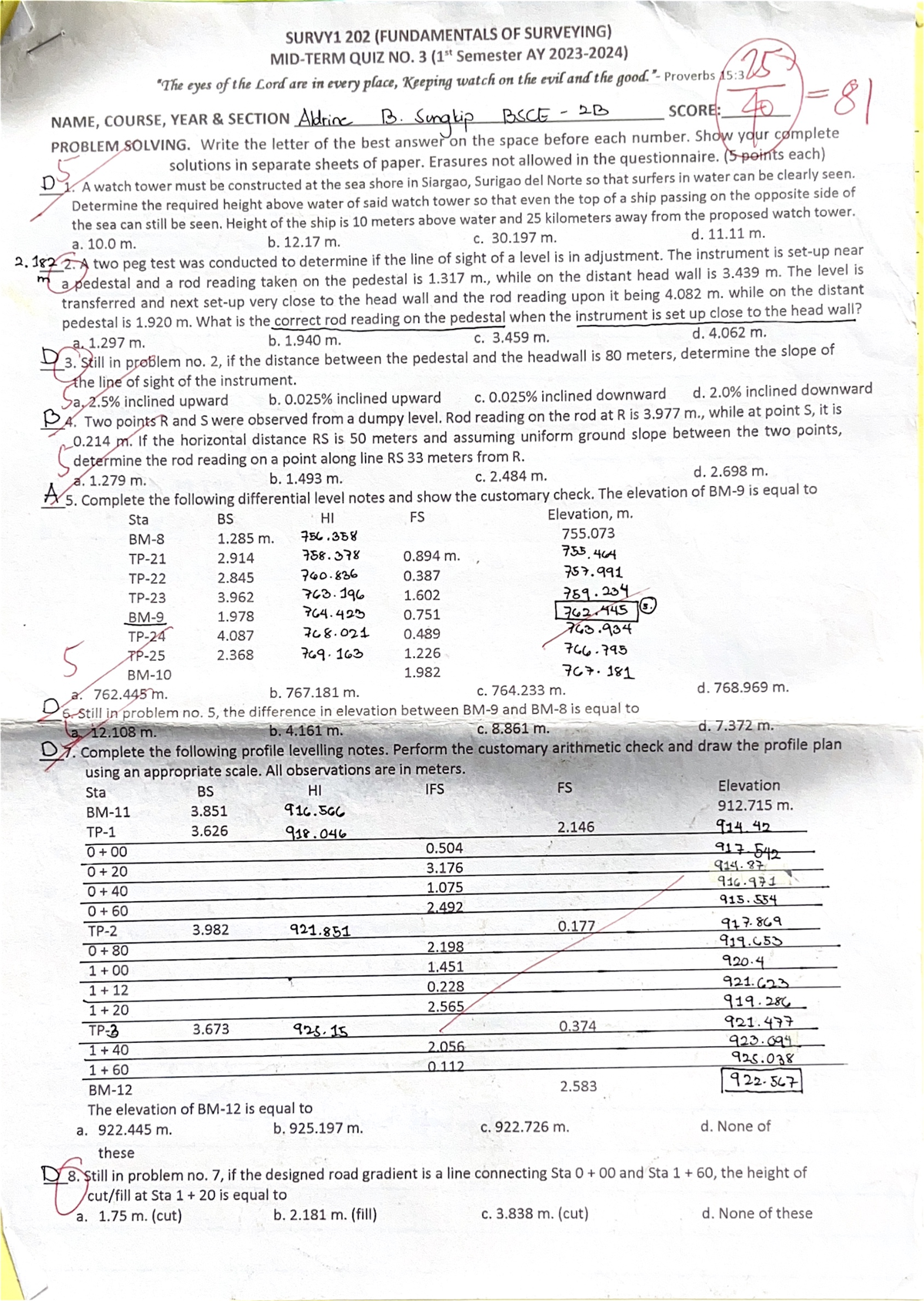 QUIZ-3 SURVY1 202: Fundamentals of Surveying Problem Set and Solutions ...