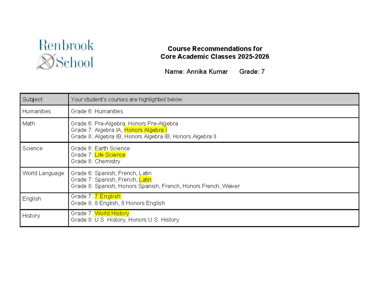 Course Recommendations for Core Classes - Grade 7 (2025-2026) - Studocu