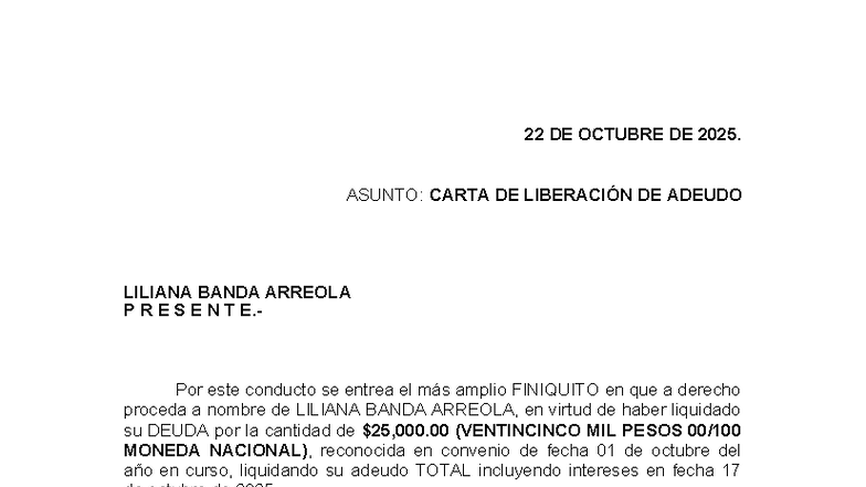 Formato De Carta De Liberacion De Adeudo