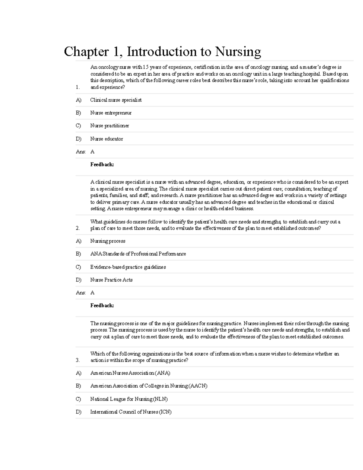 NUR 101 - Chapter 1 Practice Questions and Answers for Nursing - Studocu