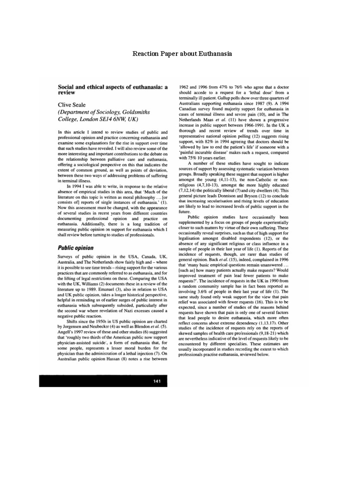 Euthanasia - Reaction Paper about Euthanasia Reaction Paper The review ...
