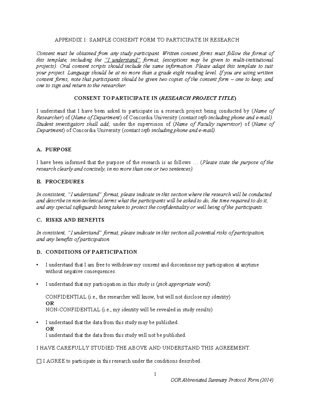 Sample Consent Form for Research Participation (APPENDIX 1) - Studocu