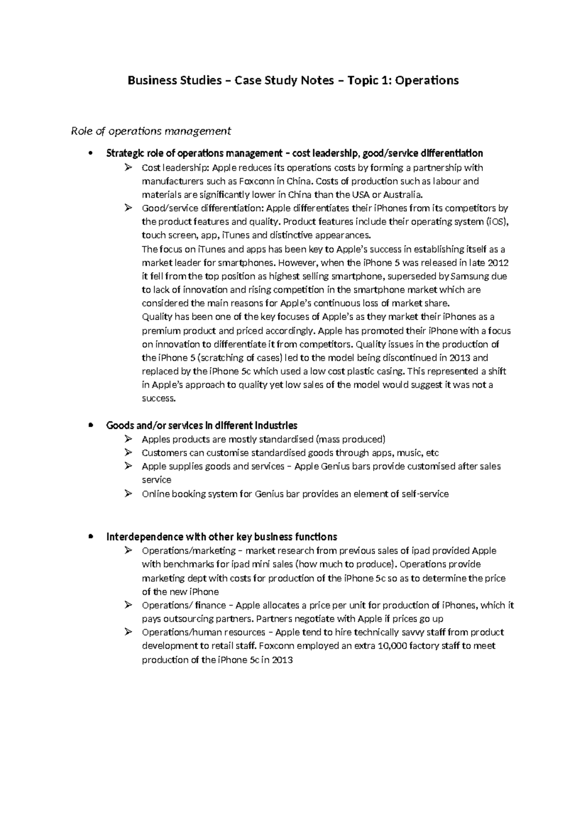 Business Studies Case Study Notes: Operations & Marketing Strategies ...