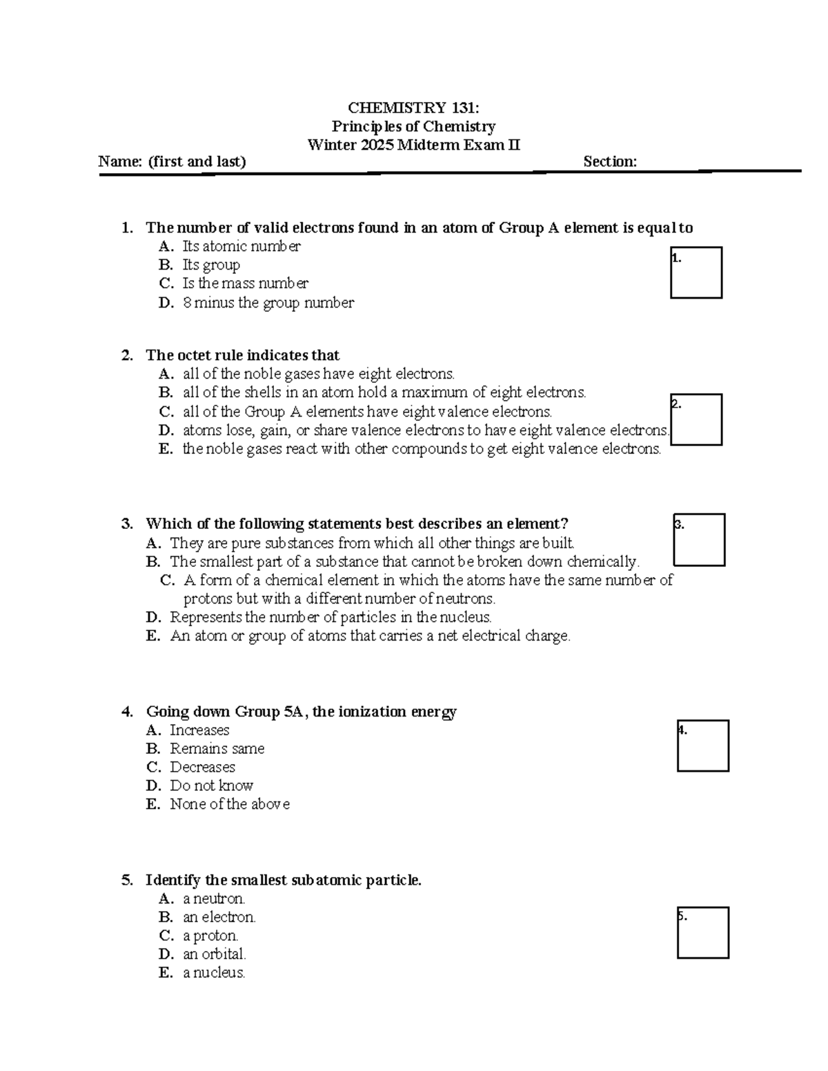CHEM 131: Principles of Chemistry Winter 2025 Midterm Exam II Study ...