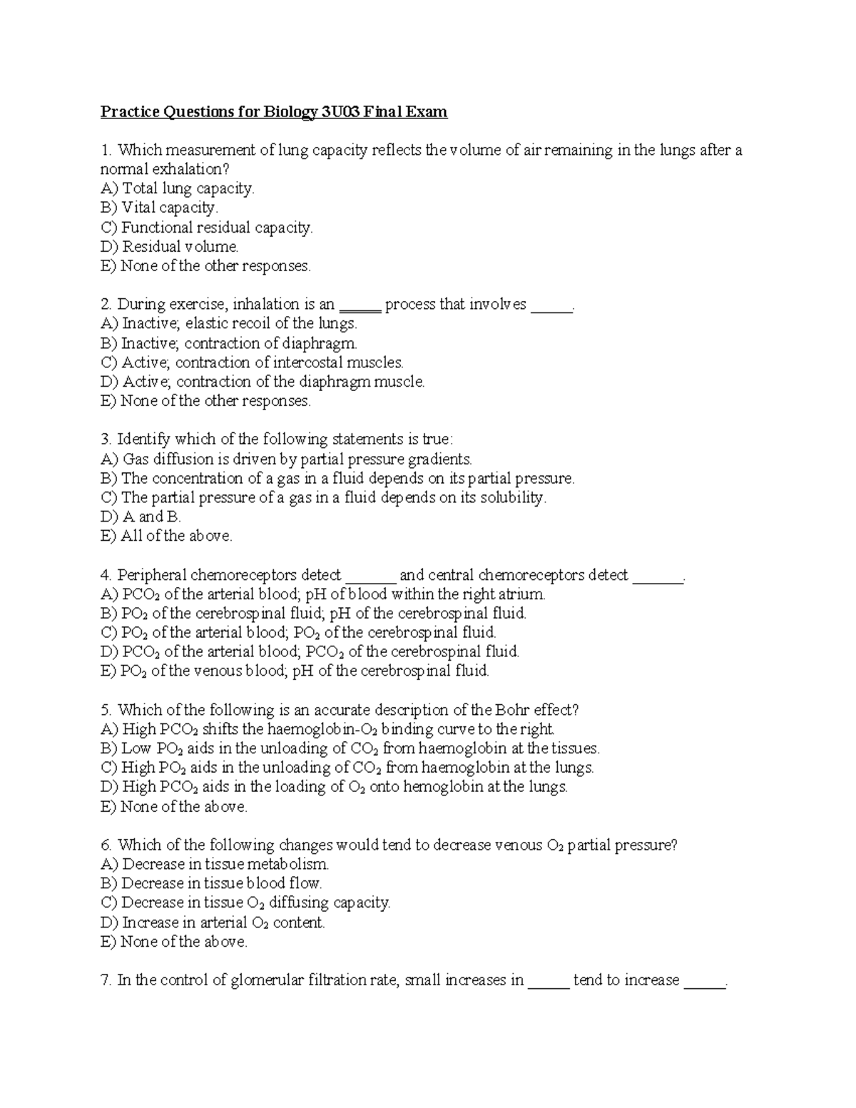 Final Exam Practice Questions - Practice Questions for Biology 3U03 ...