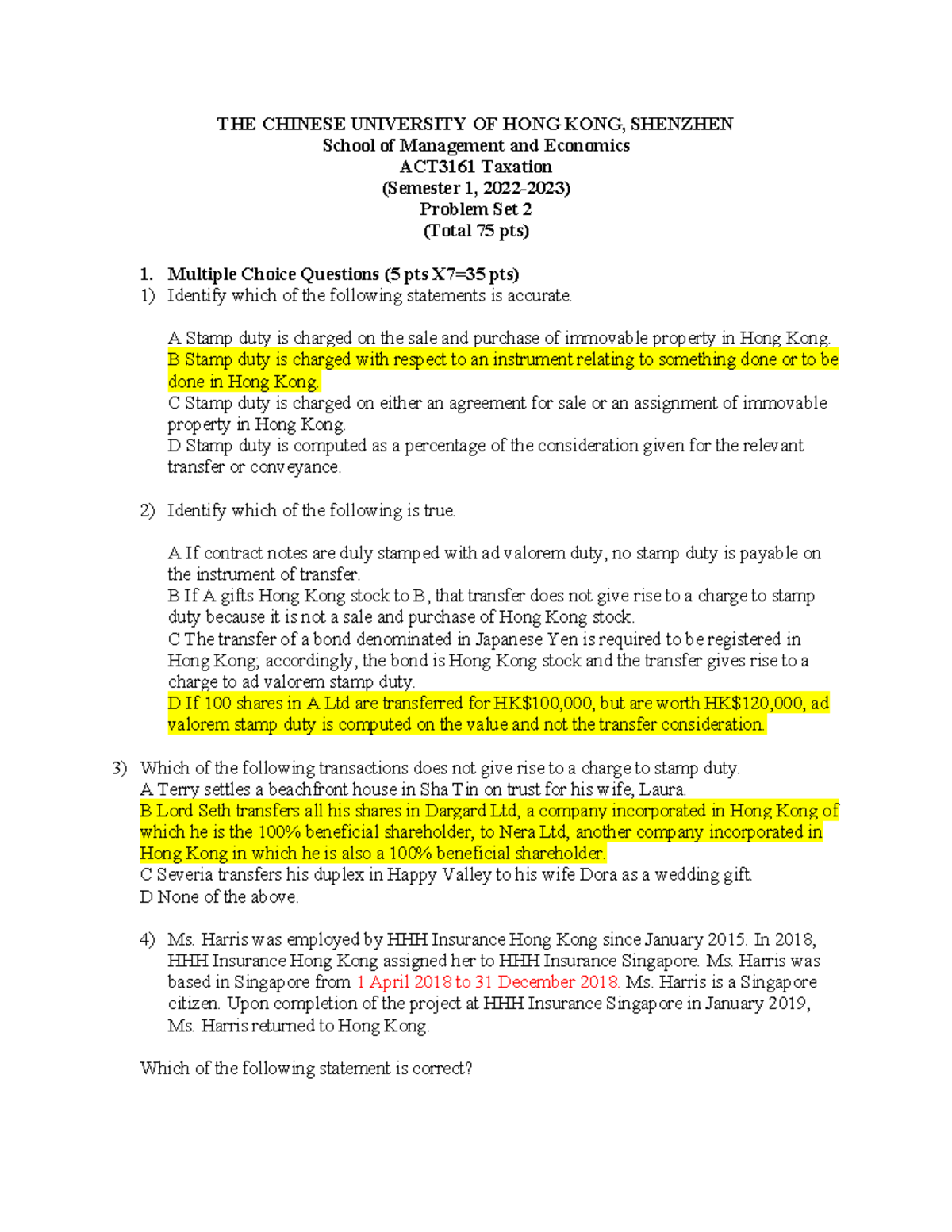ACT3161 Problem Set 2 - Analysis of Salary Tax and Stamp Duty Concepts ...