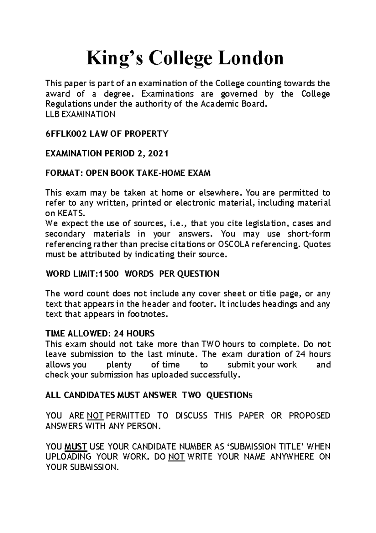 6FFLK002 Law of Property Exam Paper - 2020-21 (Open Book) - Studocu