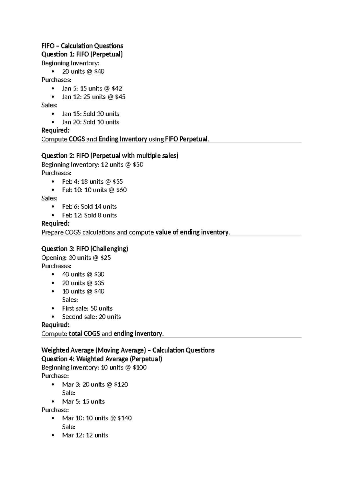 FIFO & Weighted Avg Calculation Questions for Practice - Studocu