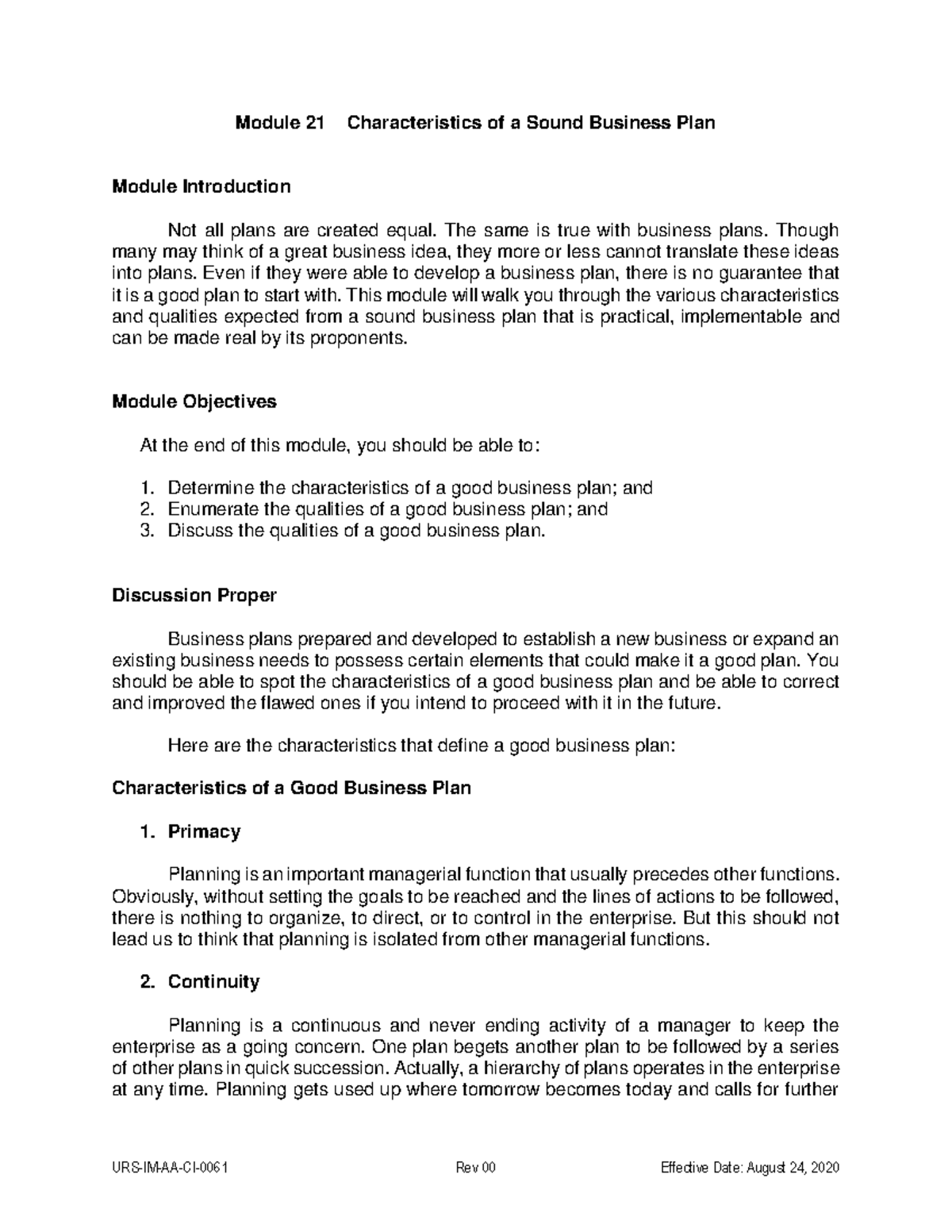 Characteristics and Qualities of a Sound Business Plan (Module 21 ...
