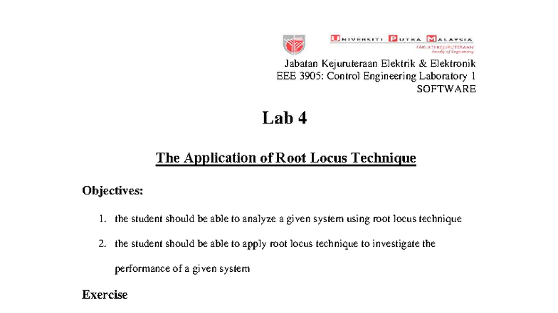 EEE3905: Control Engineering Lab 1 - Root Locus Technique Analysis ...
