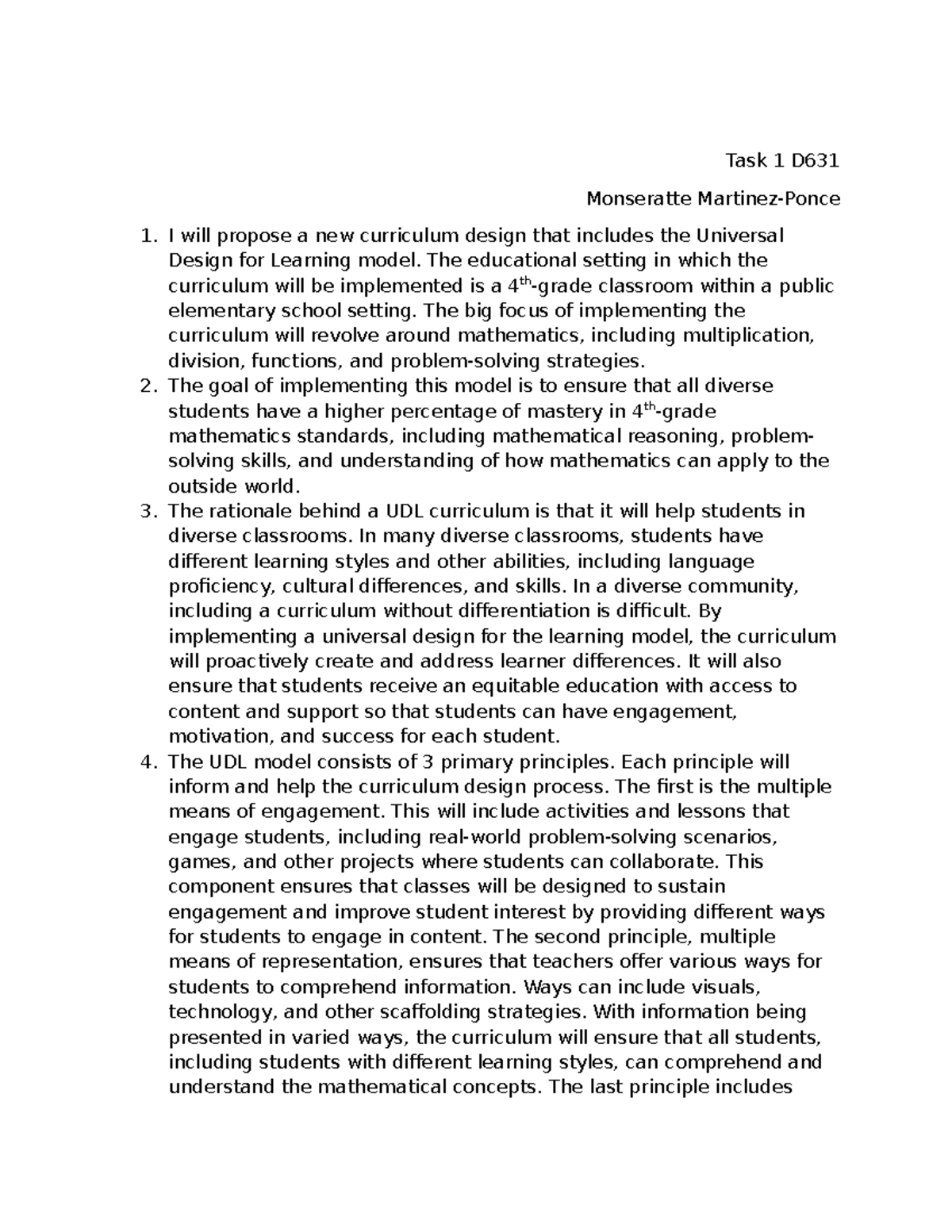 Curriculum Design Proposal: UDL in Elementary Math (D631) - Studocu