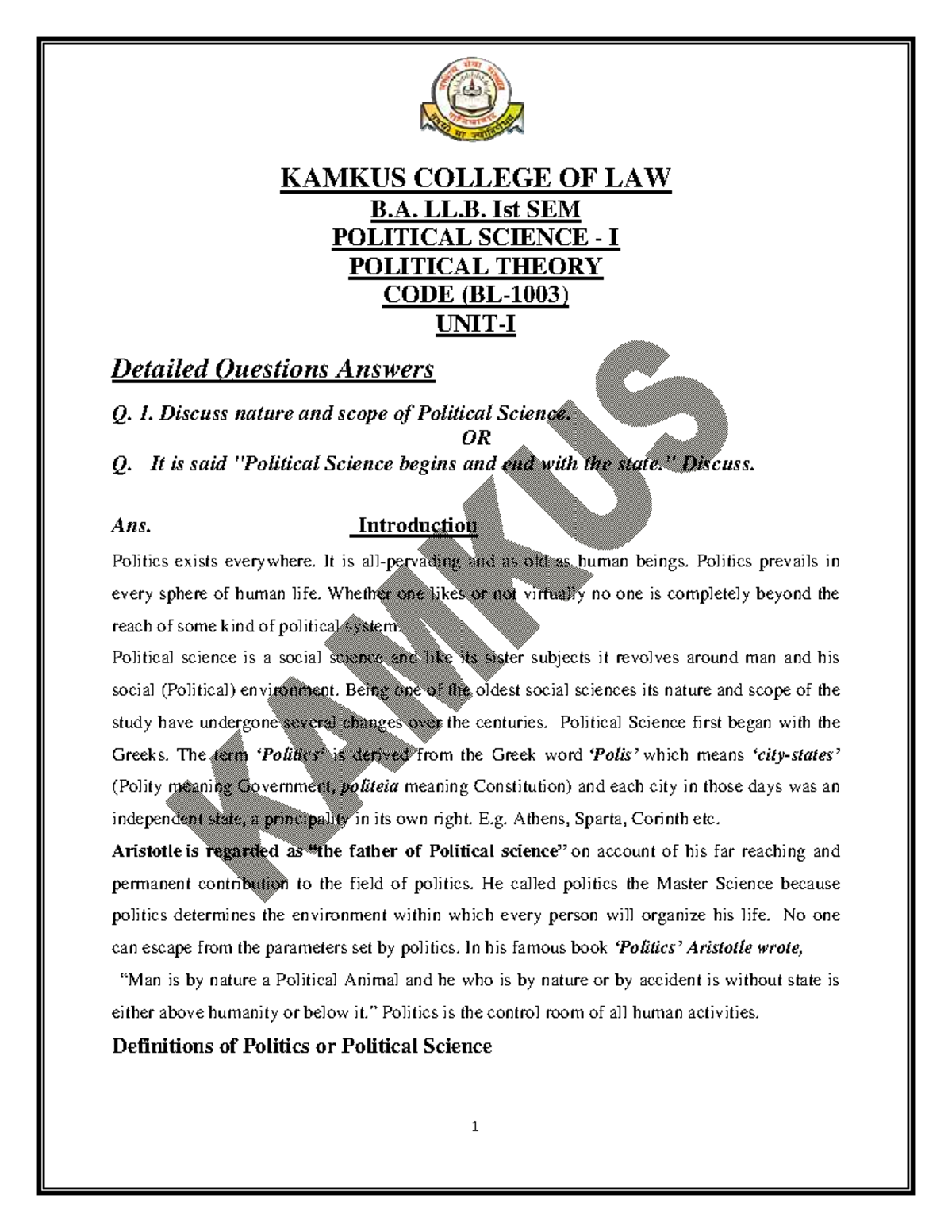 POL - Political Science Notes Sem 1 - KAMKUS COLLEGE OF LAW B. LL. Ist ...