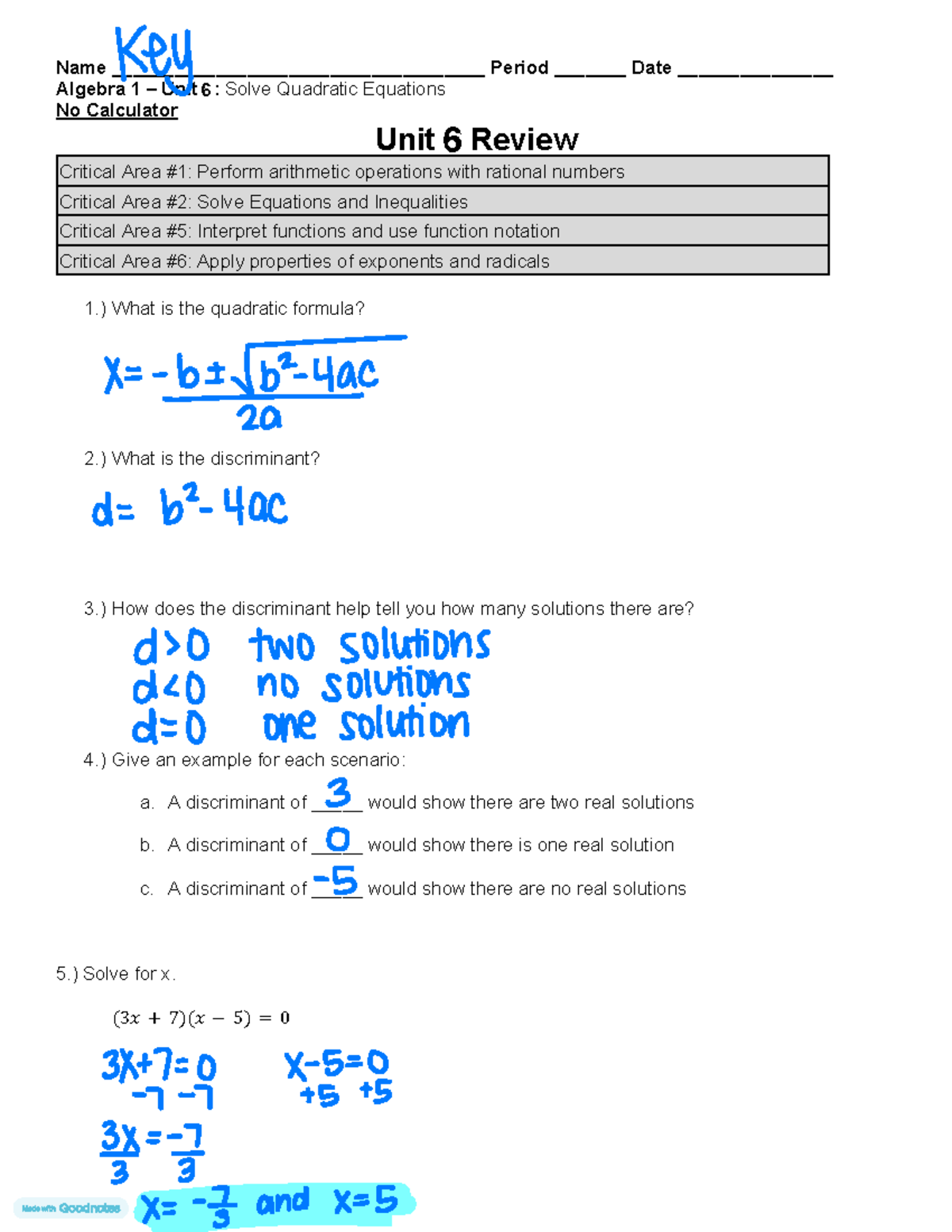 Algebra 1 Unit 6: Mastery Review Key for Quadratic Equations - Studocu