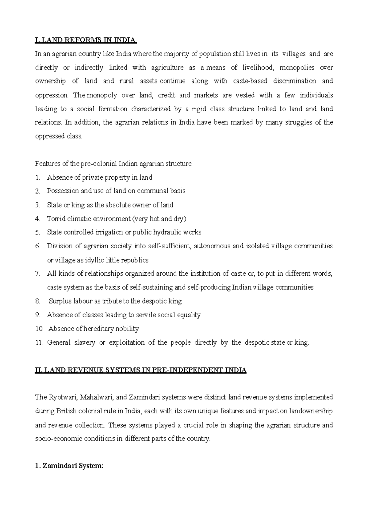 LAND LAW Notes UNIT 1 AND 2 - I. LAND REFORMS IN INDIA In an agrarian ...