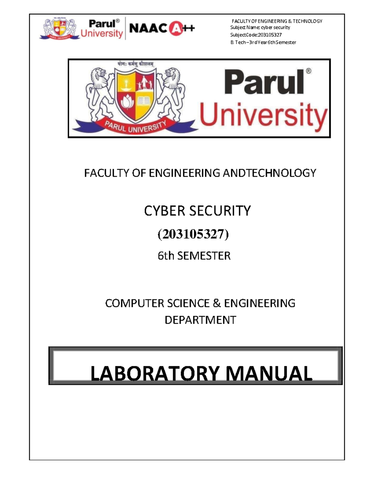 Cyber Security Lab Manual (203105327) - B. Tech 3rd Year - Studocu