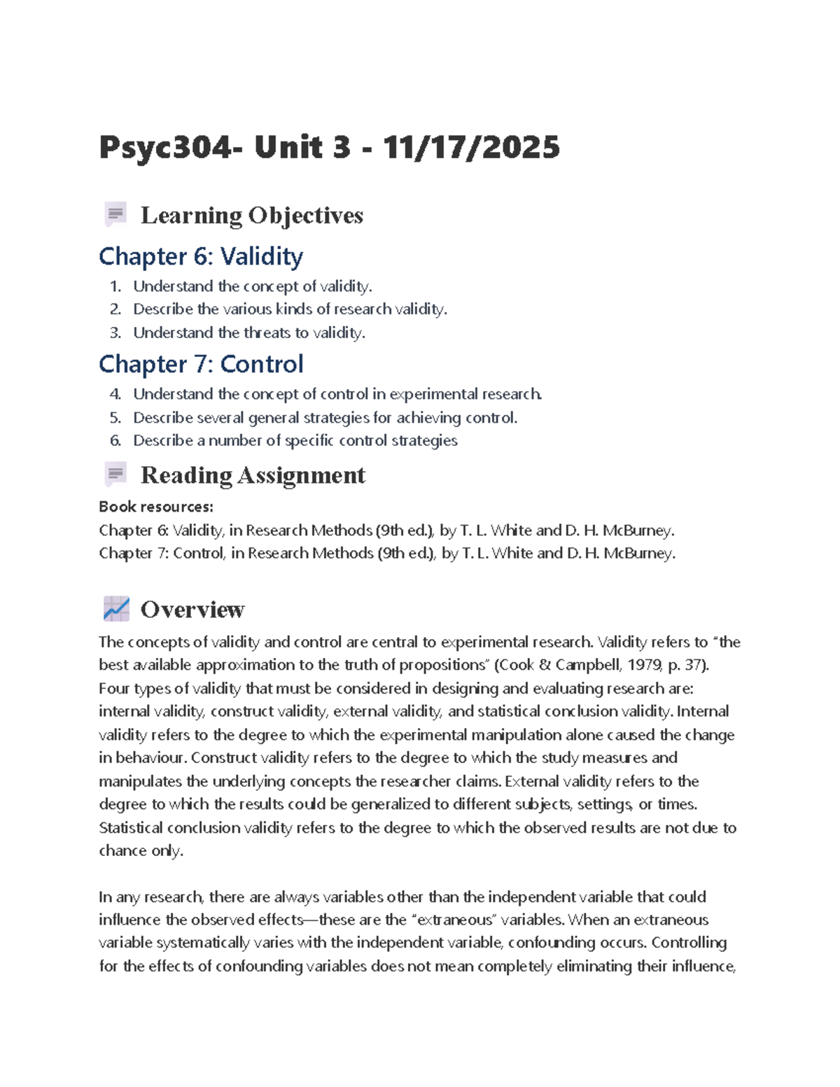 Psyc304 - Unit 3 Lecture Notes: Validity & Control in Research - Studocu