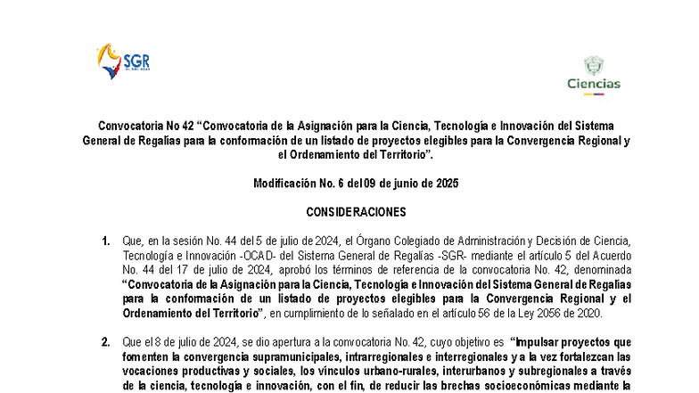 Modificación No. 6 a la Convocatoria 42: Proyectos de CTeI 2025 - Studocu