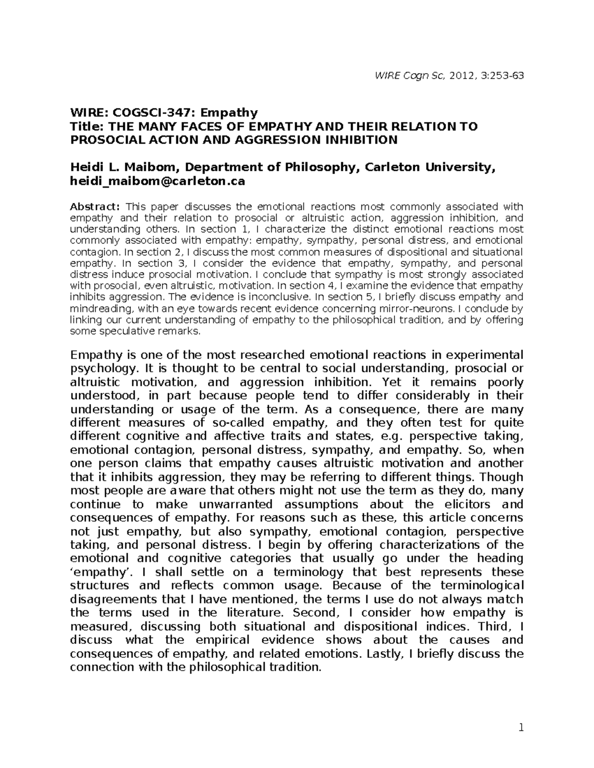 WIRE Cogn Sc, 2012: Empathy and Its Role in Prosocial Behavior - Studocu