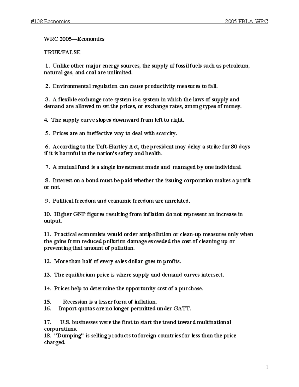 FBLA Test 2005 - Practice Questions for Exploring Economics - Studocu