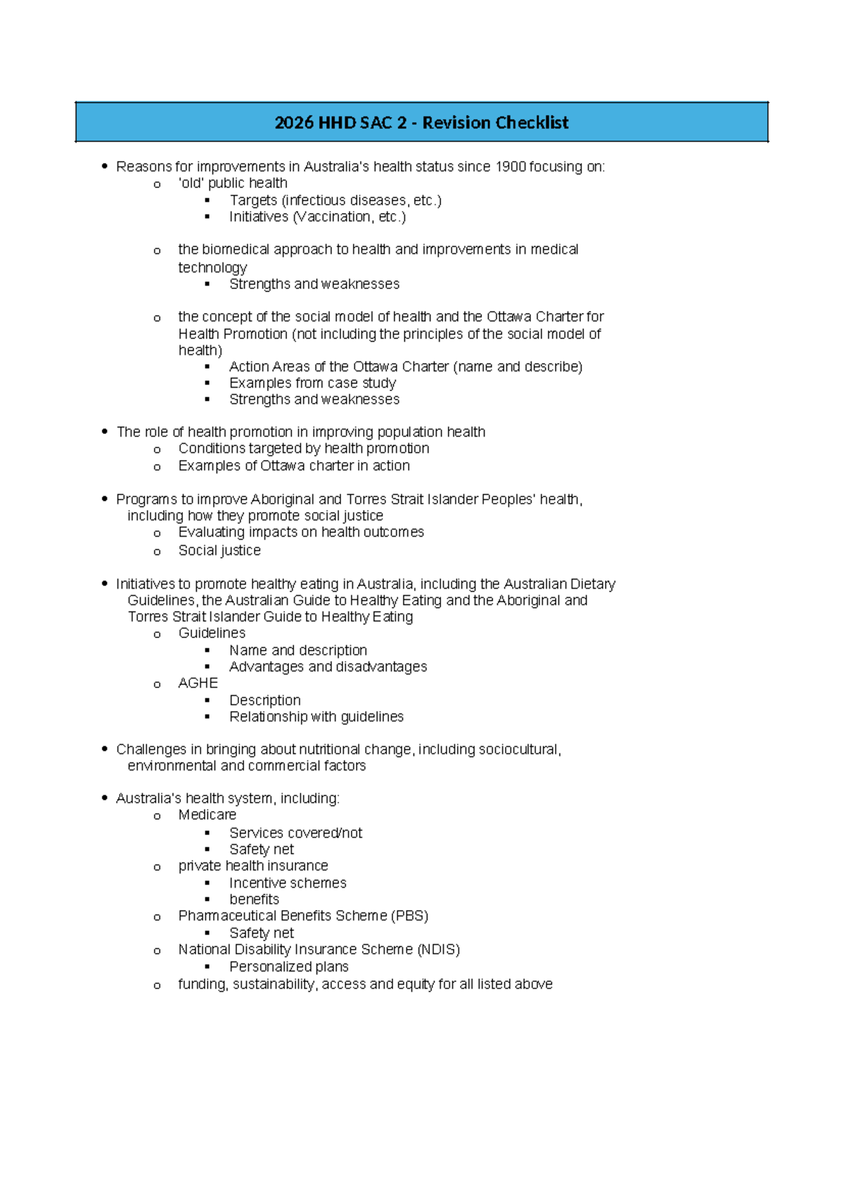 2026 HHD Unit 3 AOS 2 SAC Revision Checklist on Health Improvements ...