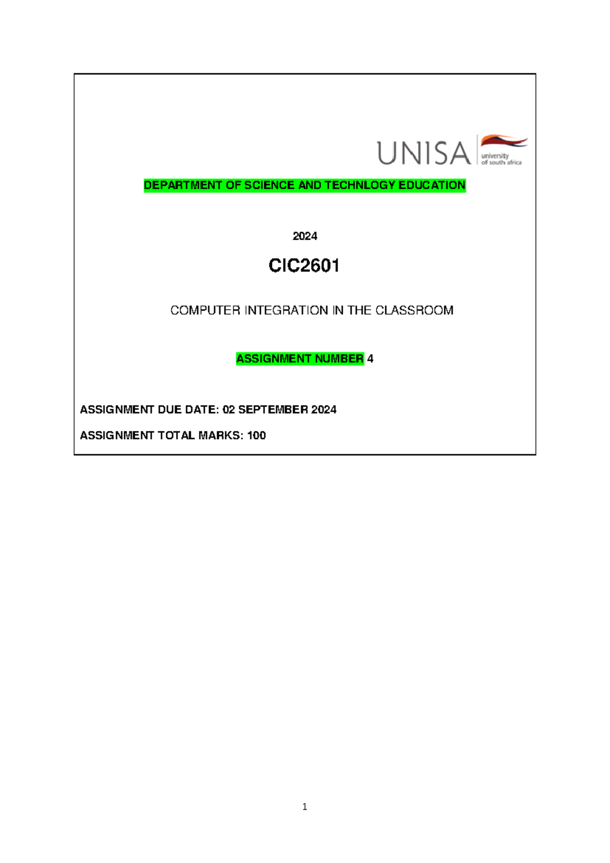 Cic assignment 4 - DEPARTMENT OF SCIENCE AND TECHNLOGY EDUCATION 2024 ...