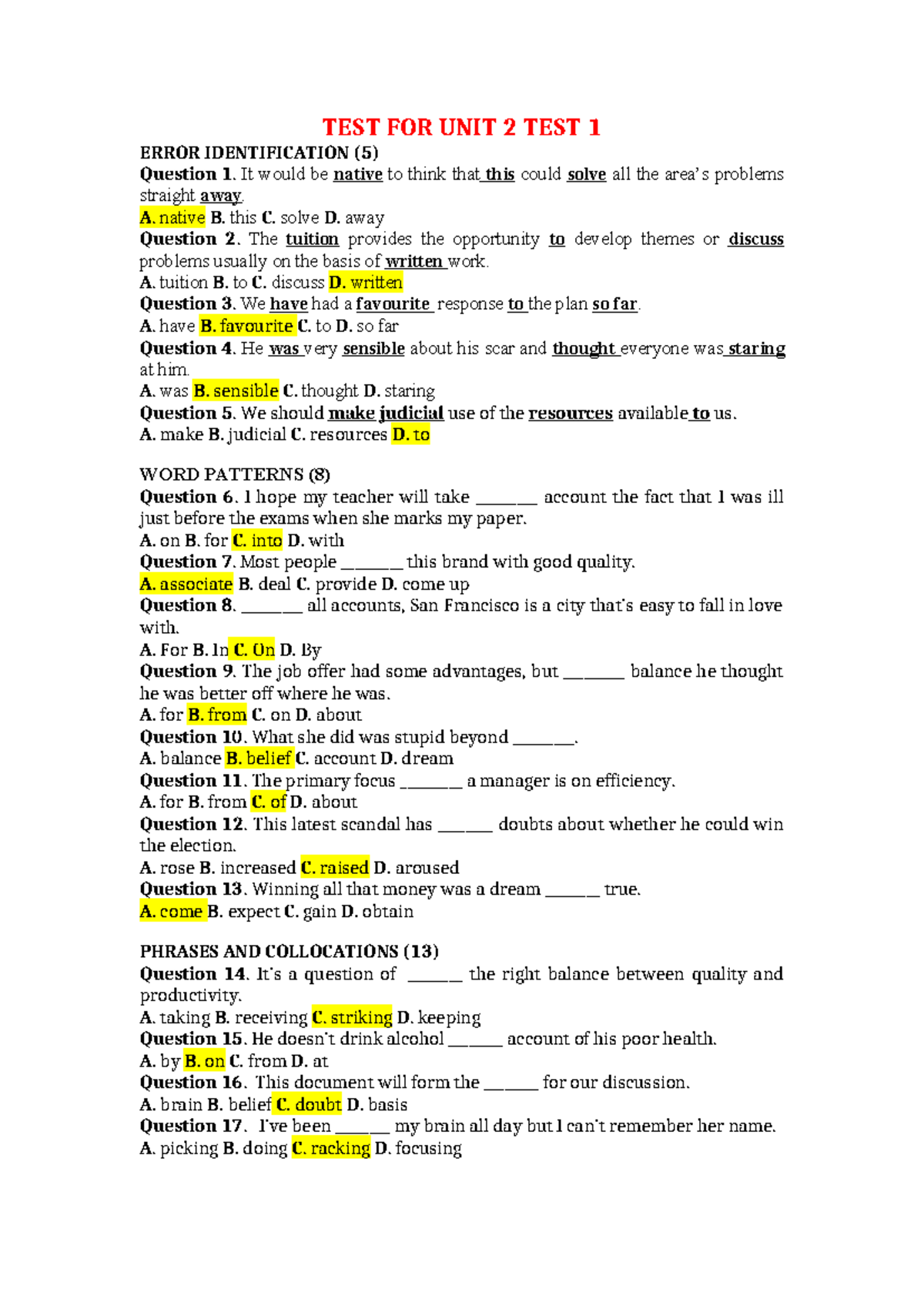 Unit 2 Test 1: Error Identification and Vocabulary Exercises - Studocu