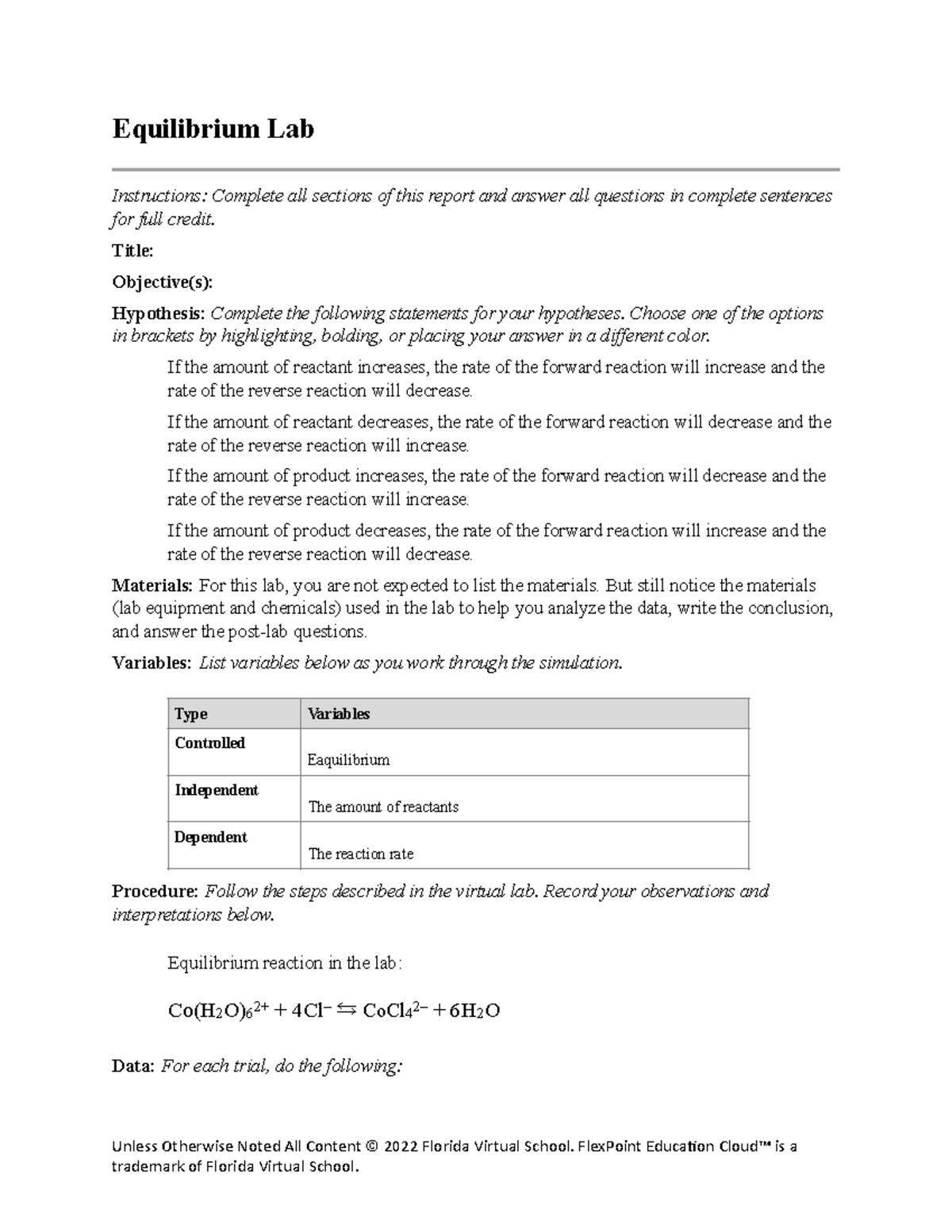 Equilibrium Lab Report - CHEM 101 - Lab Report 2 PDF - Studocu
