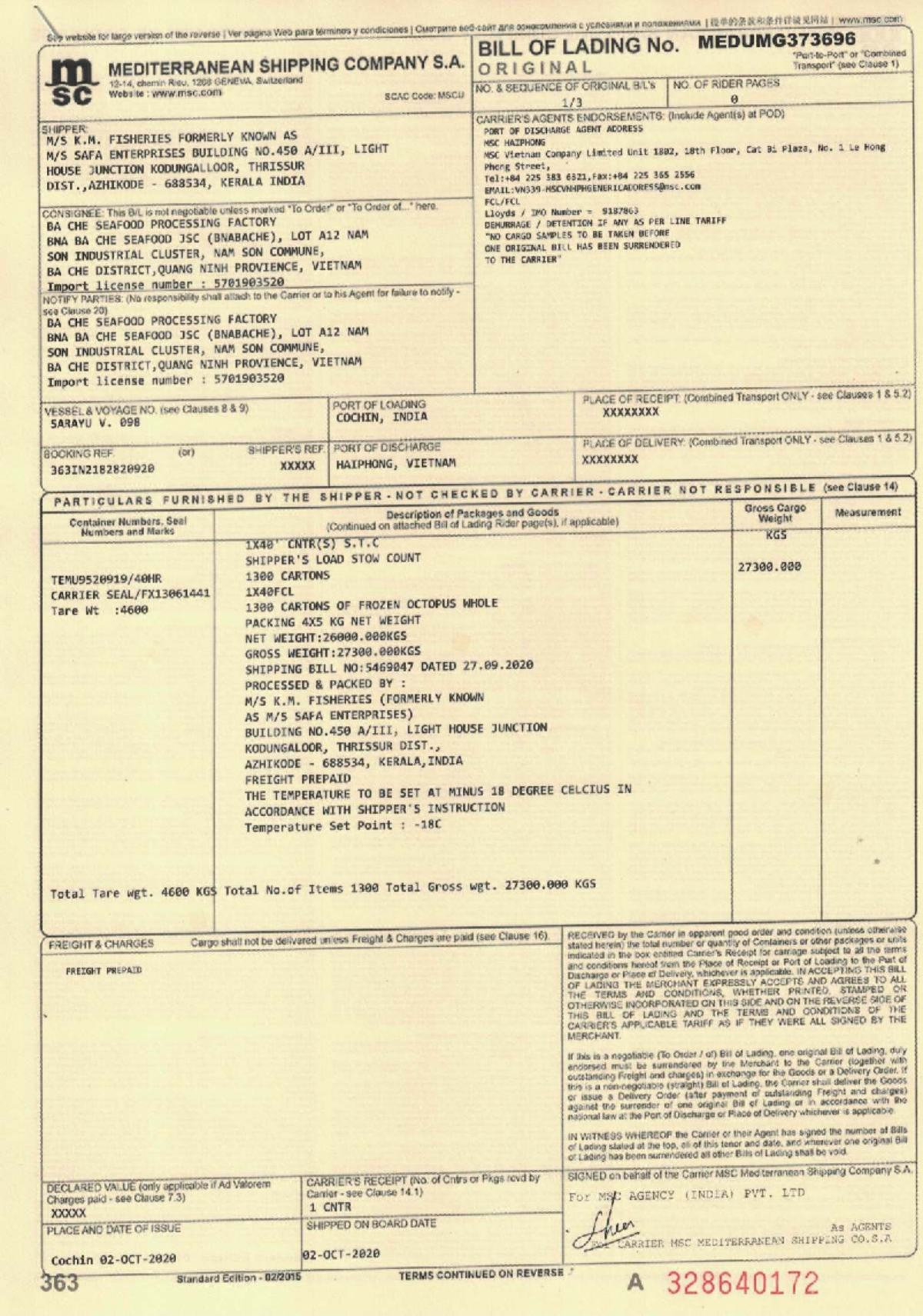 Msc Shipping Bill Of Lading