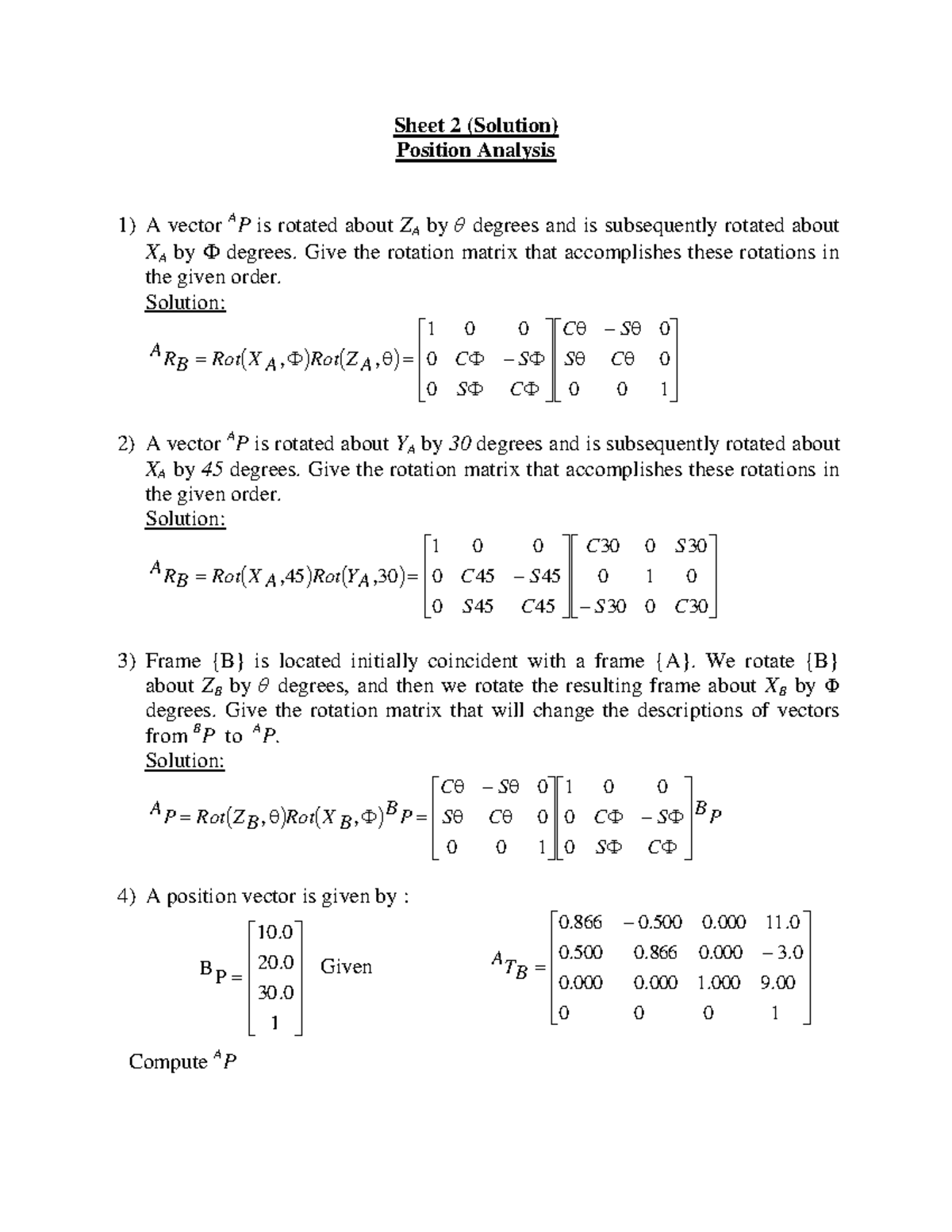 Sheet 2 (Solution) - Rotation Matrices and Position Analysis - Studocu