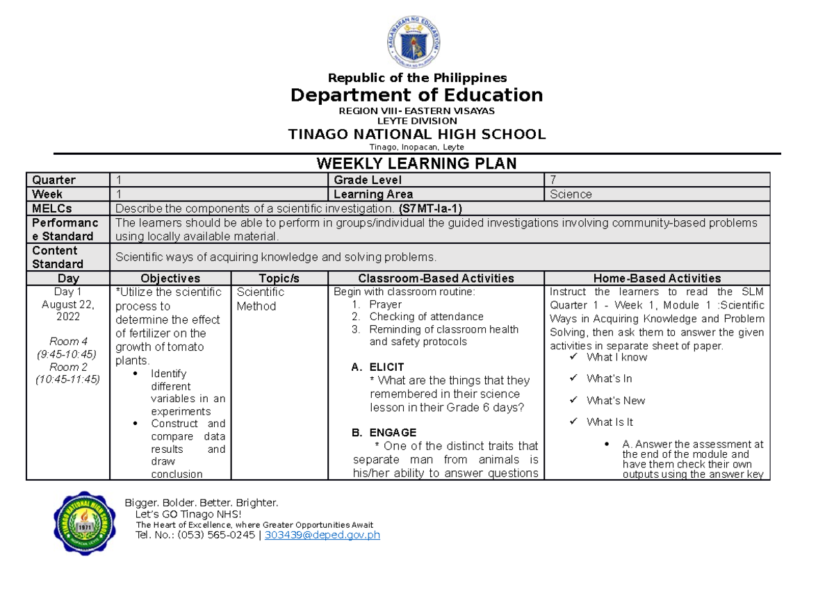 WLP Science-10 Q1 Week 1 Learning Plan: Scientific Investigation - Studocu