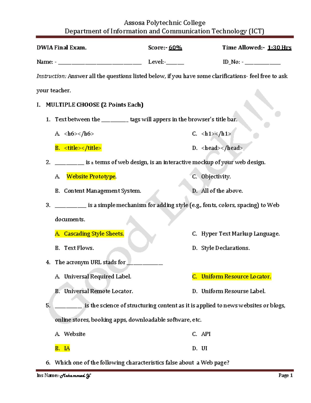 Midterm Exam - Information Architecture for Web Development (ICT) - Studocu