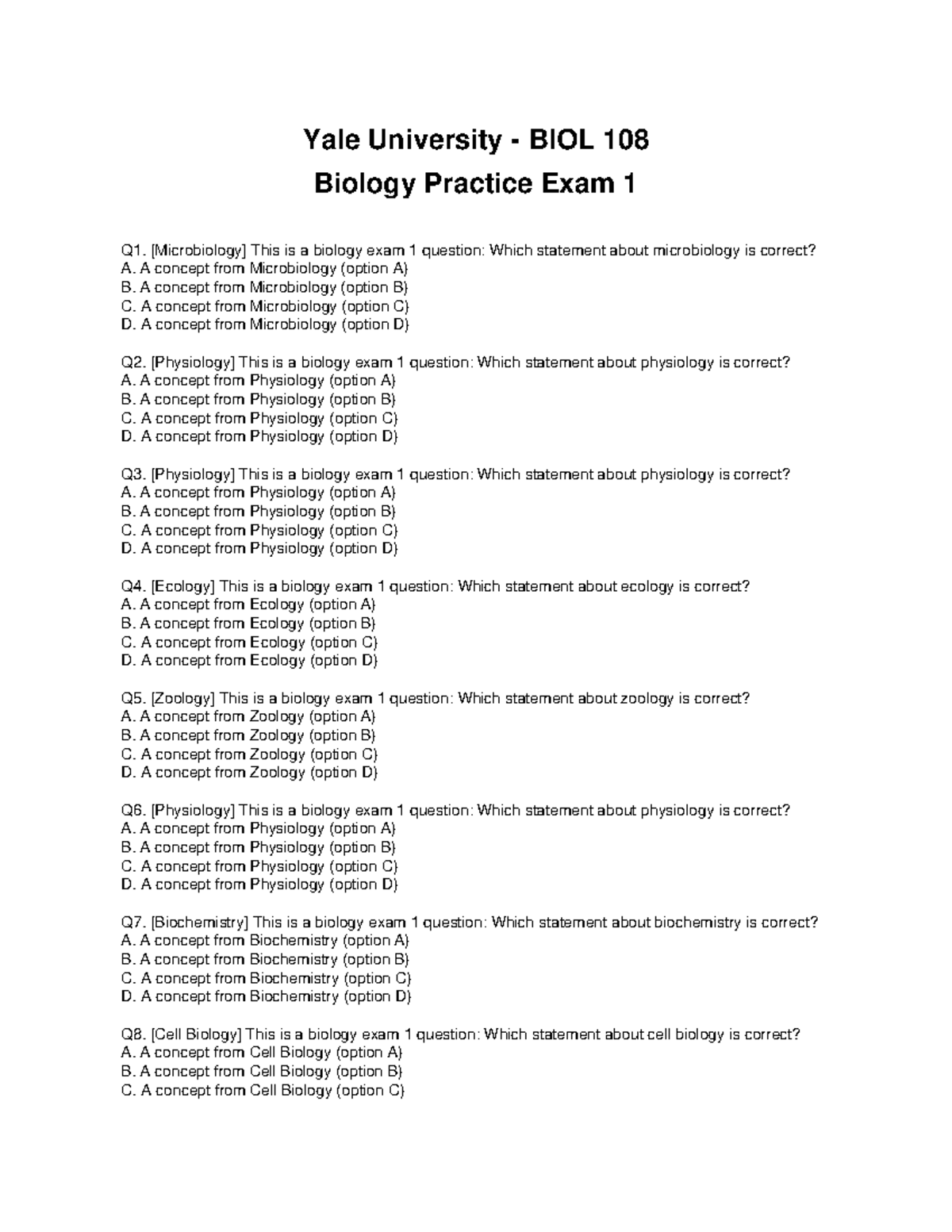 Yale University BIOL 108 Biology Exam 1 - Multiple Choice Questions ...