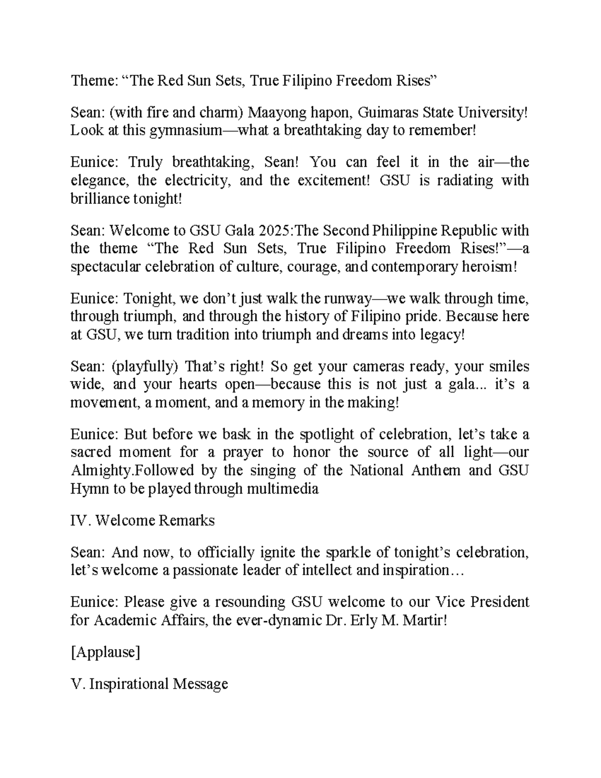 GSU Gala 2025 Host Script: Red Sun Sets, True Filipino Freedom - Studocu