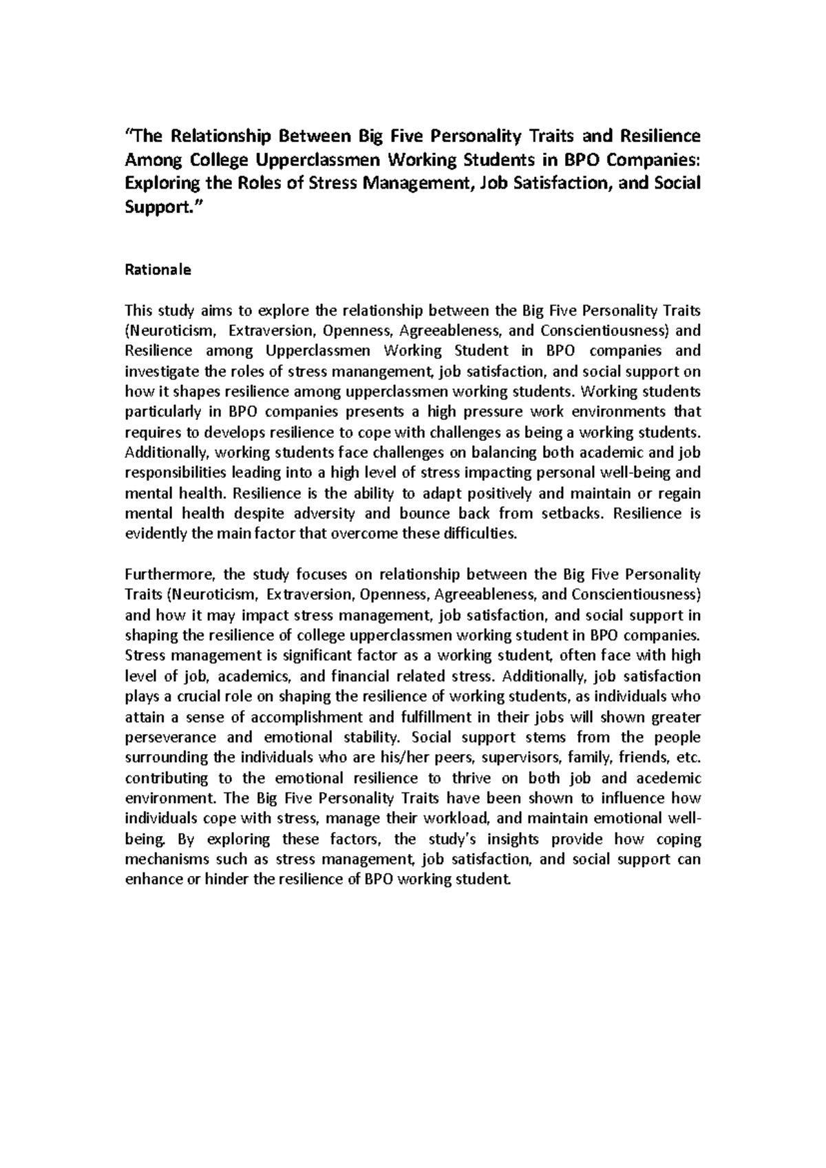 The Relationship Between Big Five Traits & Resilience in BPO Students ...