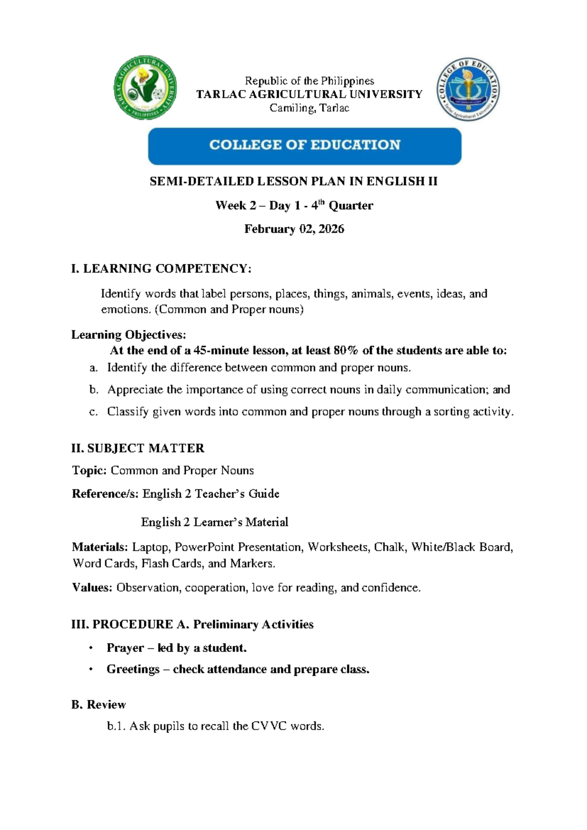 ENGLISH II Lesson Plan: Common & Proper Nouns (Week 2, Day 1) - Studocu