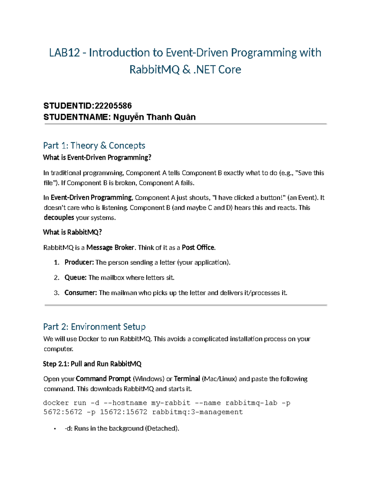 LAB12 - Event Driven Programming with RabbitMQ .NET Core - Studocu