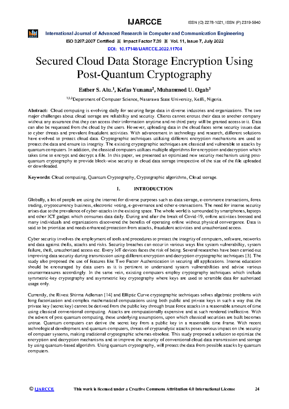 Secured Cloud Data Storage Encryption Using Post-Q - International ...
