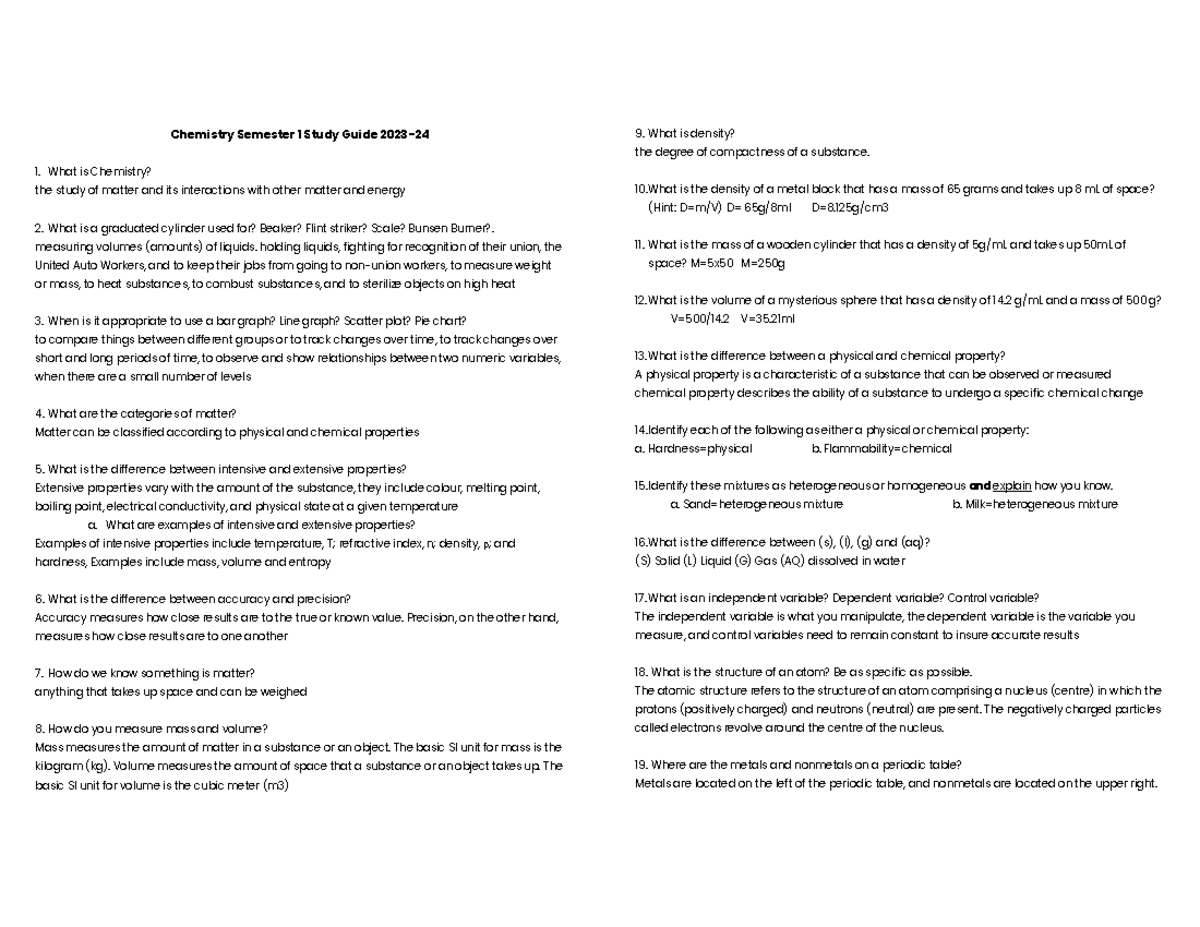 Chemistry 101 Study Guide - Semester 1 Review Notes 2023 - Studocu
