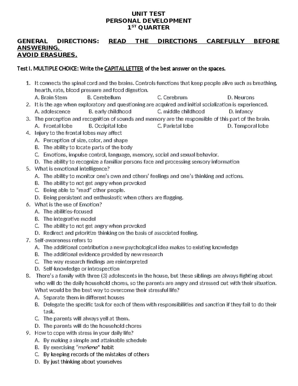 UNIT TEST PD 1ST QUARTER: GENERAL DIRECTIONS & MULTIPLE CHOICE - Studocu
