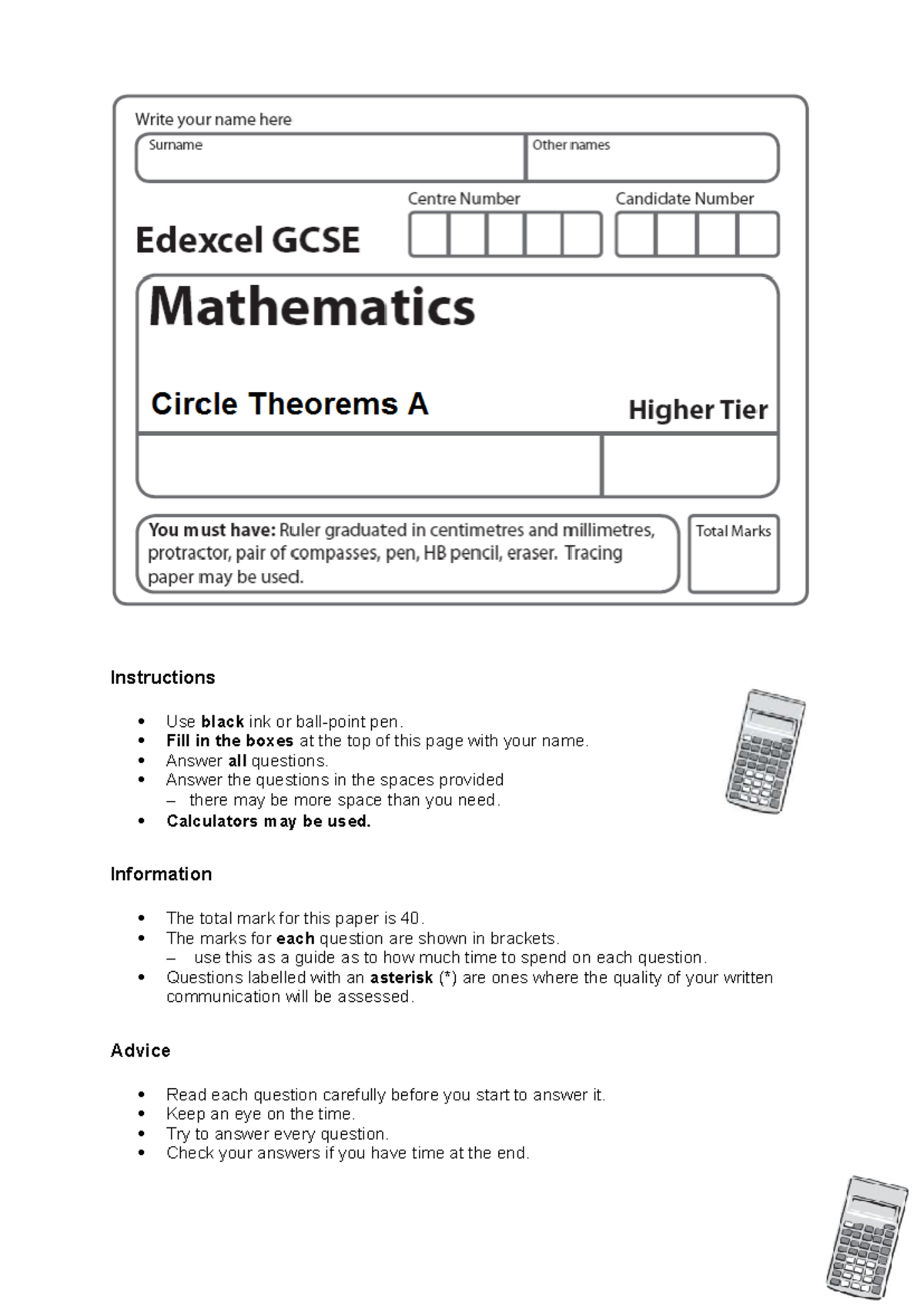 GCSE 1MA1 - Circle Theorems Exam Instructions and Questions - Studocu