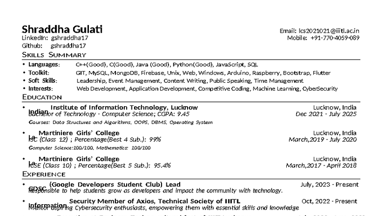 Resume Template: Shraddha Gulati - B.Tech in Computer Science (2025 ...