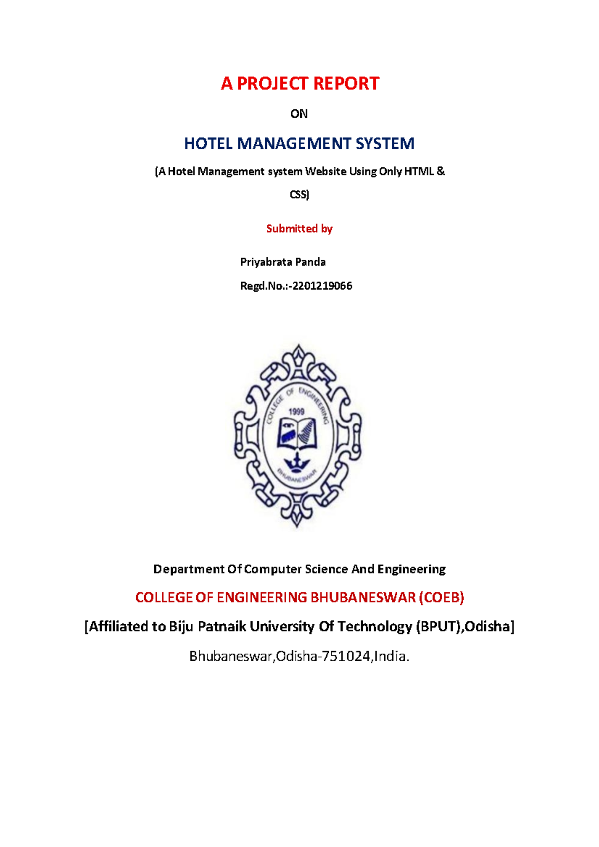 Hotel Management System Project Report (HTML & CSS) - Studocu