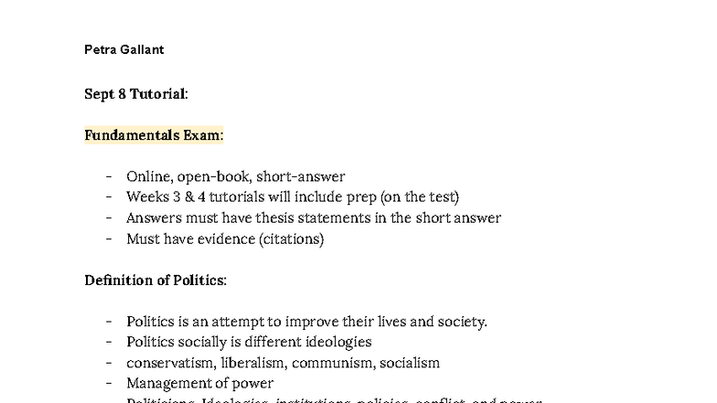 POLS 111 Sept 2023 Tutorial Notes: Fundamentals of Politics & Critical ...