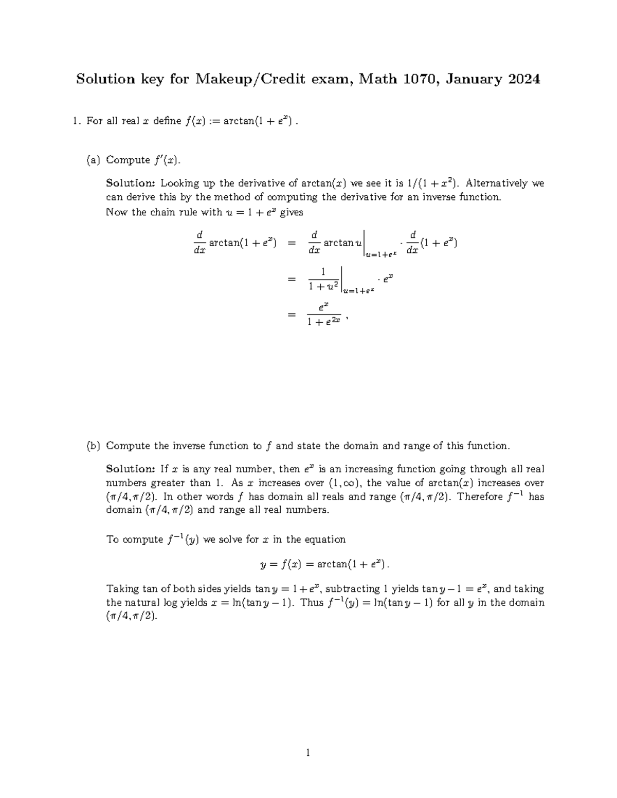 Makeup Solutions for Math 1070 Exam, January 2024 - Studocu