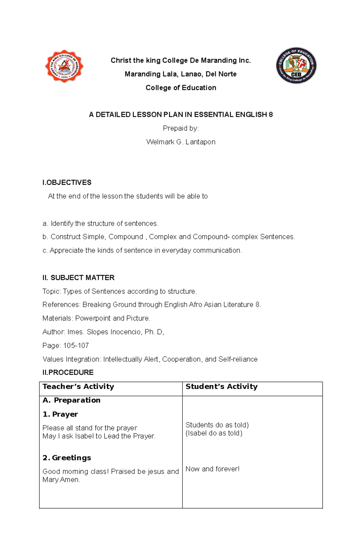 Detailed Lesson Plan: Essential English 8 (EDUC 101) - Studocu
