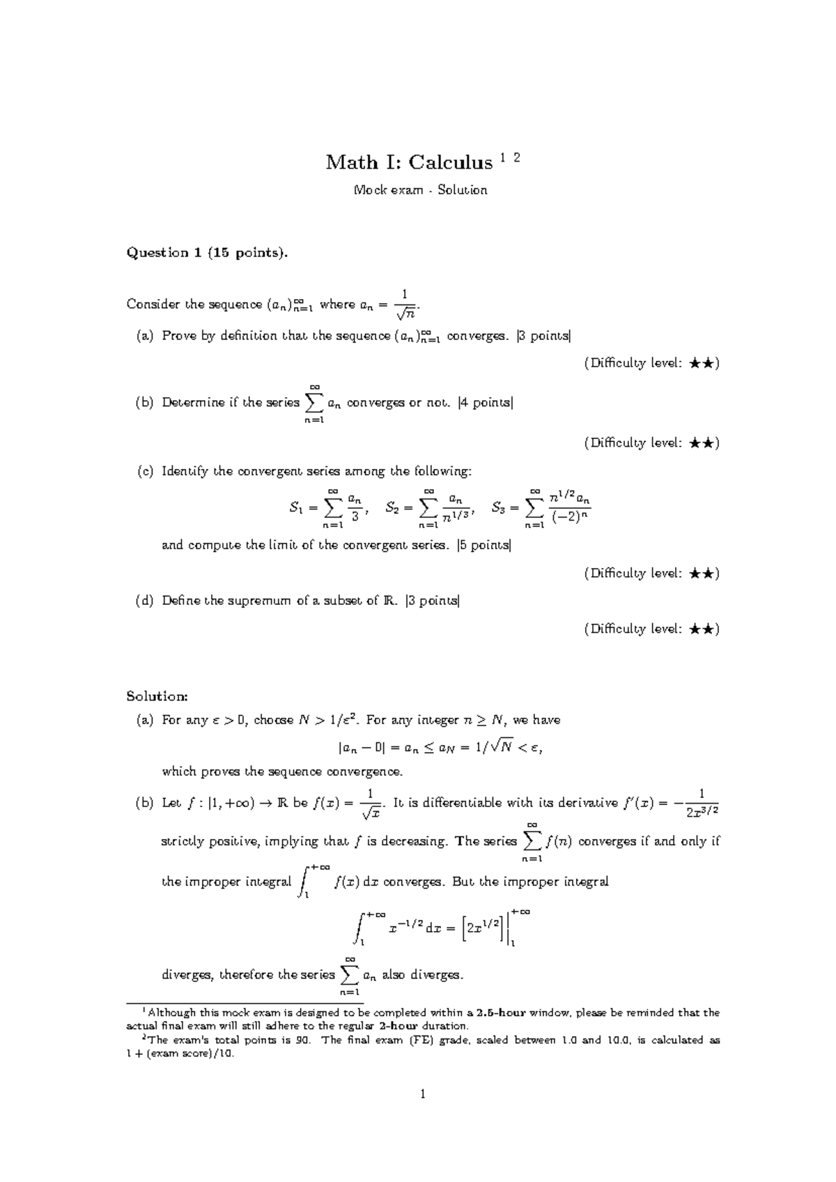 Math I: Calculus - Mock Exam Solutions and Explanations - Studeersnel