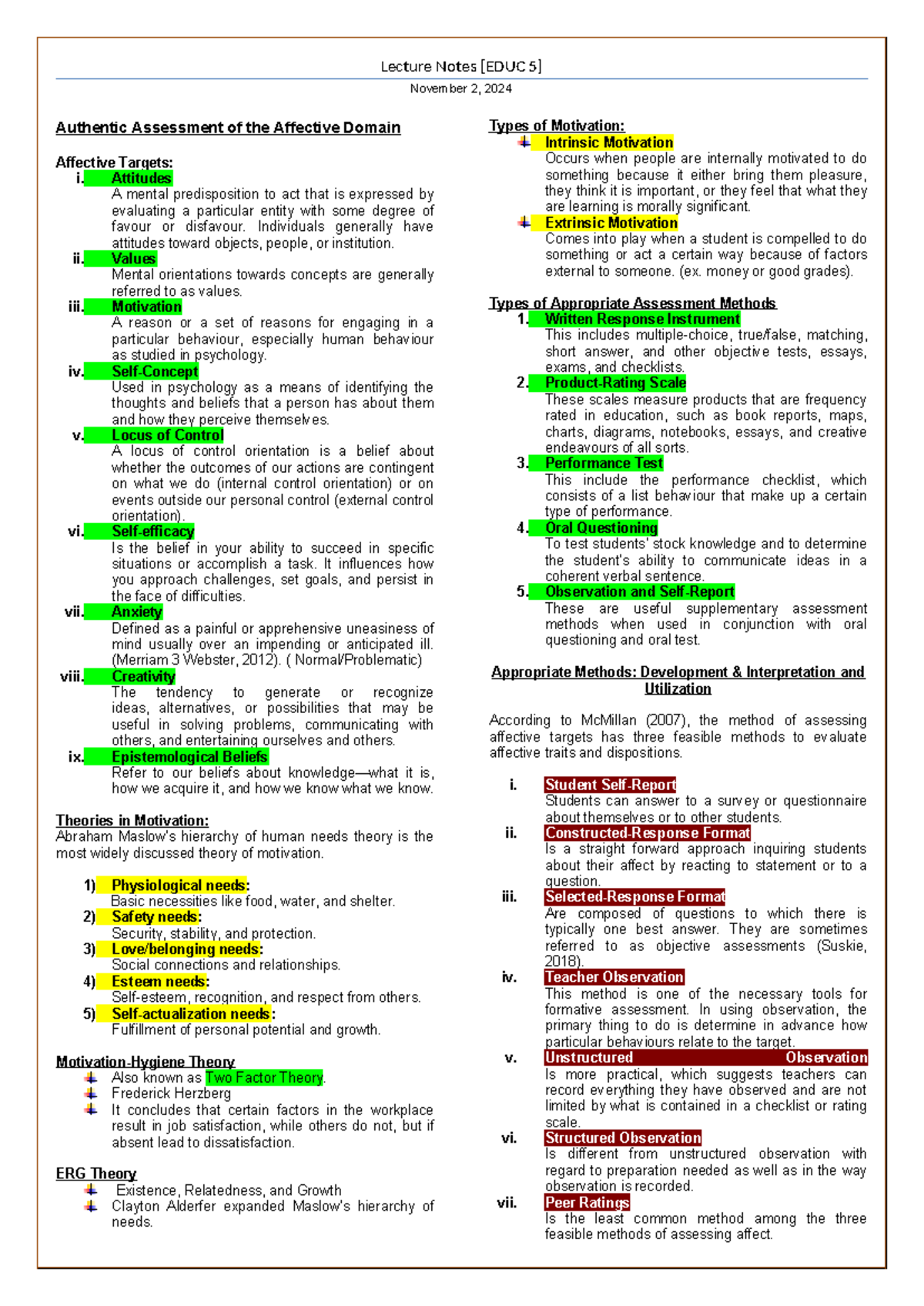 EDUC 5 - Lecture Notes on Authentic Assessment in Affective Domain ...